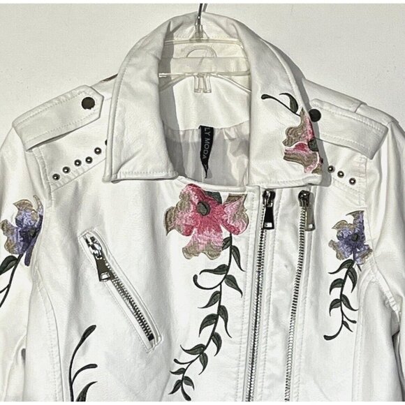 Faux Vegan Leather White Floral Embroidered Studded Zip Biker Moto Jacket - Picture 5 of 14